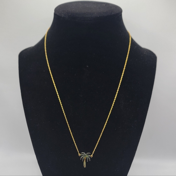 Green Diamond Palm Tree Necklace Gold Plated Sterling Silver 18" - Picture 2 of 8